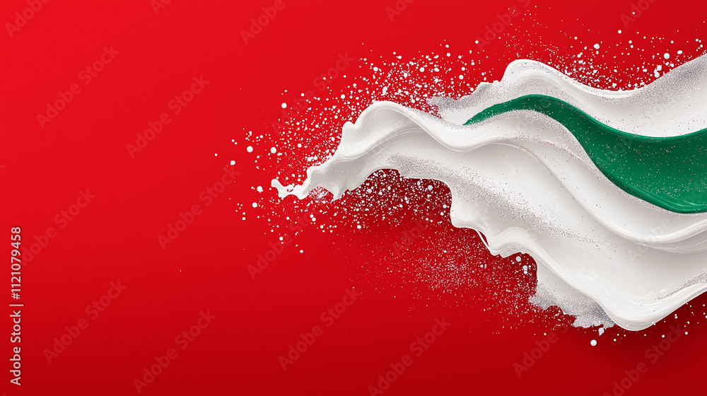 Poster creamy wave splash on red: an elegant splash of white cream with a hint of green creates a dynamic w