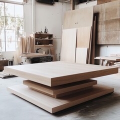 A minimalist wooden table in a workshop, showcasing craftsmanship and design.