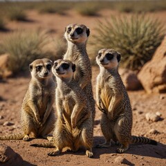 Fototapeta premium A family of meerkats standing alert in a desert landscape.