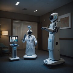 A telepresence robot allowing a doctor to interact with a patient remotely.