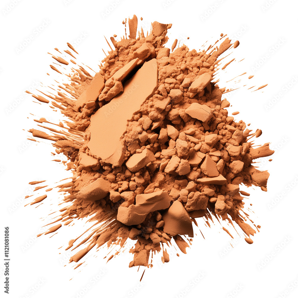 Poster Crushed face powder in warm beige tone isolated on transparency background, showcasing dynamic and textured explosion effect