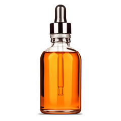Amber face serum in glass dropper bottle isolated on transparency background, showcasing skincare elegance and minimalism