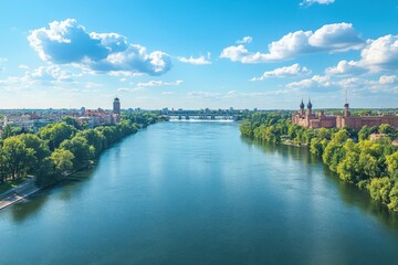 Obraz premium Stunning aerial view of a city's riverfront, showcasing lush greenery and architecture. Perfect for travel, tourism, and city landscape projects needing a vibrant summer feel.