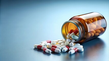Pills spilling out of a pill bottle , medicine, medication, pharmacy, healthcare, overdose, spilled, scattered