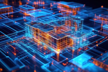 Futuristic city digital blueprint, glowing network infrastructure, smart buildings, digital transformation.