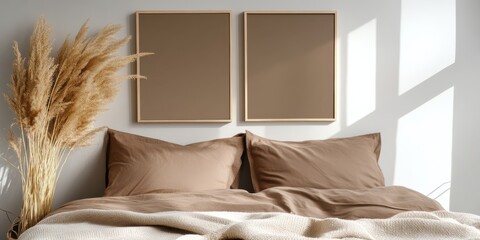 Beige and brown tones dominate this cozy bedroom, enhanced by sunlight and pampas grass; a perfect Scandinavian minimalist design.