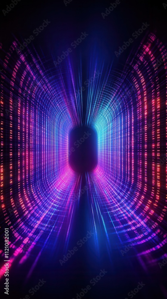 Poster a vibrant, abstract tunnel of light with glowing patterns in purple and blue, creating a futuristic 