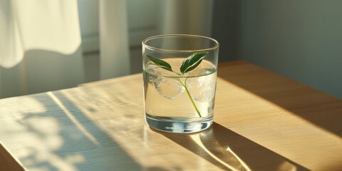 A refreshing green beverage in a glass, garnished with a single leaf, sits on a wooden table bathed in sunlight, representing calm and healthy living.