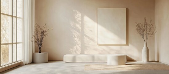 Minimalist beige interior with sunlight, empty frame, plants, and platform.