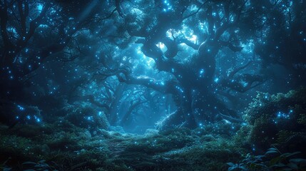 Enchanting bioluminescent forest path at night.