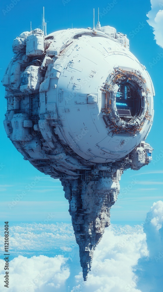 Poster a futuristic floating structure resembling a spacecraft, hovering above clouds in a bright blue sky,