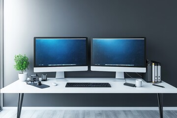 Fototapeta premium Modern workspace with dual monitors, keyboard, and accessories on a white desk. Ideal for illustrating productivity, technology, or a modern office setting.