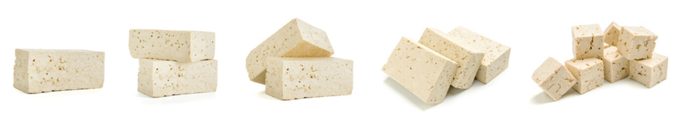 Set of tasty tofu cheese on white background
