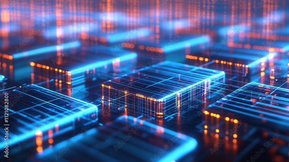Poster a vibrant, futuristic close-up of interconnected digital circuits glowing in blue and orange, repres