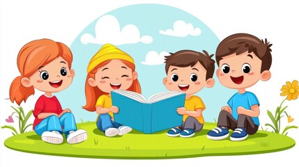 Children reading together in a park, bright and cheerful illustration.
