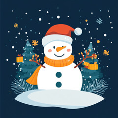 Naklejka premium A cheerful snowman wearing a red hat and orange scarf stands amidst snowy pine trees, ready to celebrate Christmas.