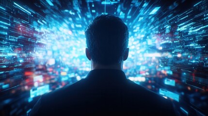 A figure gazes into a dynamic, digital landscape filled with vibrant, glowing data streams, symbolizing technology and innovation.