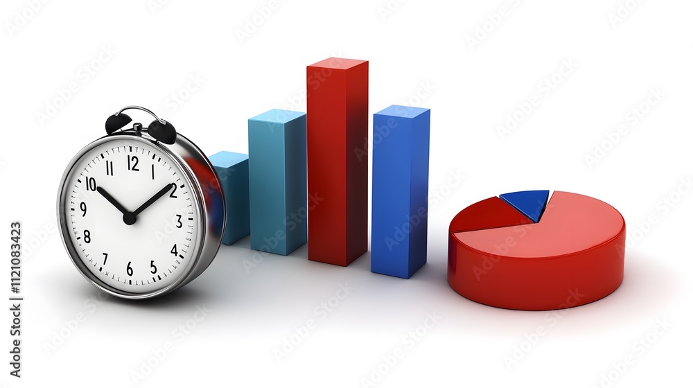 Poster a dynamic grouping of financial bars, pie charts, and clock symbols for productivity and analytics. 