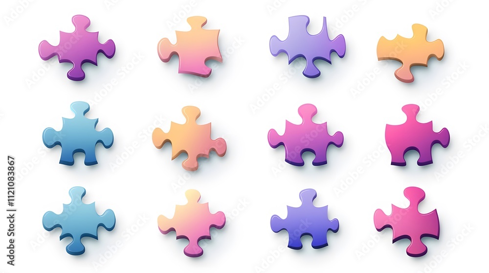 Poster a collection of puzzle piece icons in gradient colors, representing problem-solving and teamwork. wh