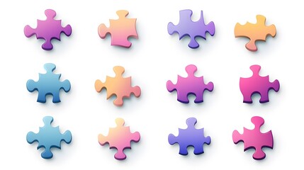 Naklejka premium A collection of puzzle piece icons in gradient colors, representing problem-solving and teamwork. White background. No shadow