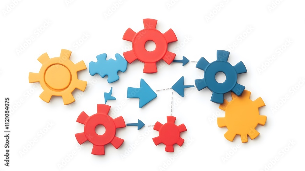 Poster a sleek depiction of workflow cogs, arrows, and puzzle pieces arranged for operational efficiency. w