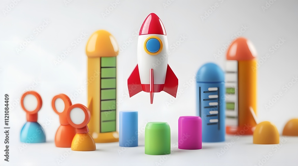 Poster a dynamic display of rocket symbols, bar graphs, and checklist icons for strategic planning. white b