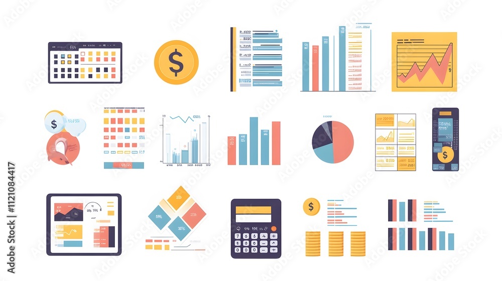 Aufkleber a collection of financial bar charts, pie charts, and line graphs arranged with calculator and dolla