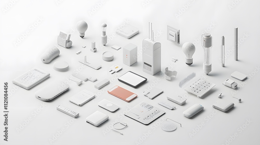 Poster a symbolic collection of digital devices, graphs, and lightbulbs for tech-driven innovation. white b
