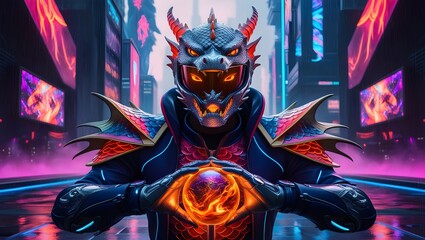 Cyberpunk Warrior with Dragon-Themed Armor Holding Glowing Orb in Futuristic City