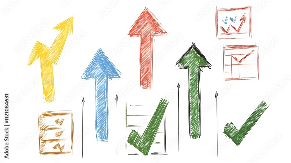 Poster a dynamic layout of stock symbols, upward arrows, and checklist icons for goal achievement. white ba