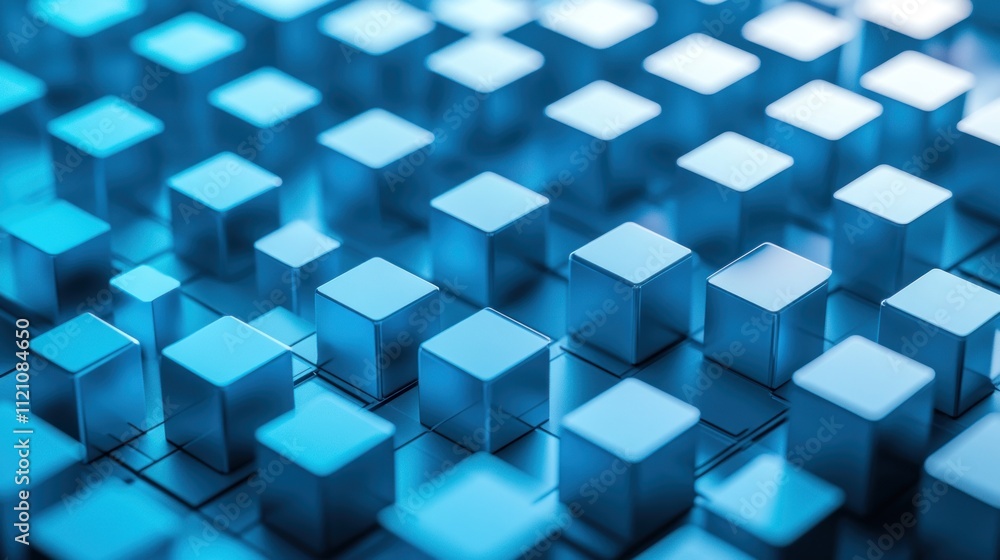 Poster abstract background of blue metallic cubes in grid pattern.