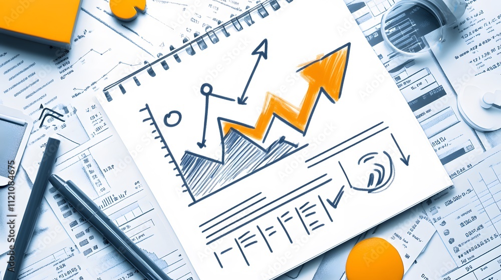 Poster a dynamic layout of stock symbols, upward arrows, and checklist icons for goal achievement. white ba