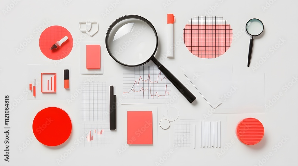 Poster a symbolic arrangement of magnifying glasses, stock graphs, and document symbols for analytics. whit