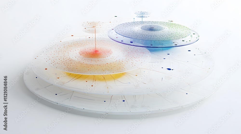 Poster a dynamic set of networking nodes, circular diagrams, and upward lines for connectivity. white backg