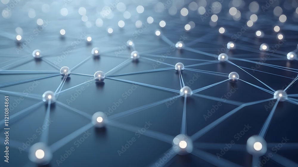 Poster a dynamic set of networking nodes, circular diagrams, and upward lines for connectivity. white backg