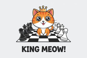 Cute Cartoon Cat Ruler on Chessboard with King's Crown