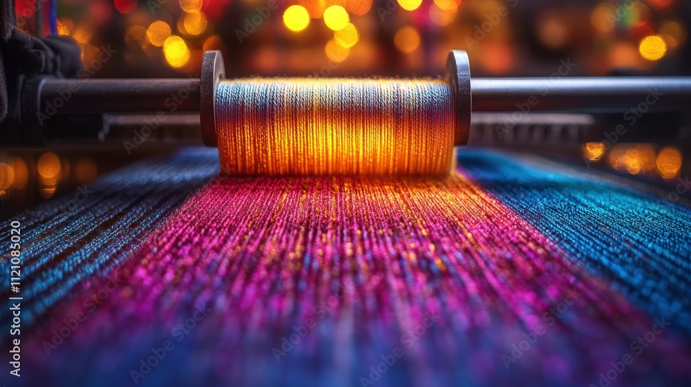 Poster vibrant threads spinning on a loom with artistic background of glowing bokeh lights creating a color