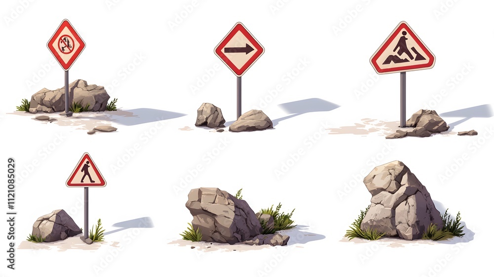 Poster a dynamic grouping of warning signs for steep slopes and falling rocks, with detailed illustrations.