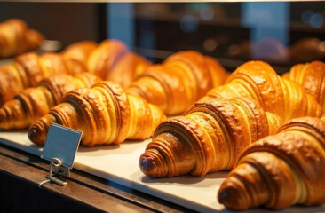 Warm, golden croissants lined up in a bakery showcase, inviting customers with their flaky texture and rich aroma