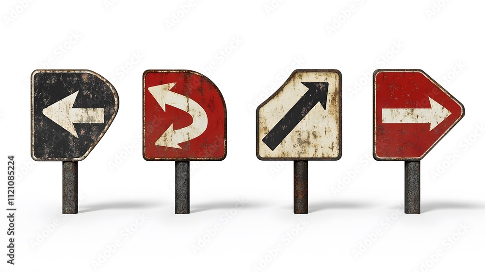 Poster a symbolic grouping of curve warning signs, with arrows indicating left or right turns. white backgr