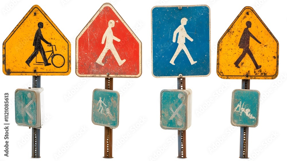 Poster a symbolic grouping of pedestrian walkway signs with figures walking on designated paths. white back