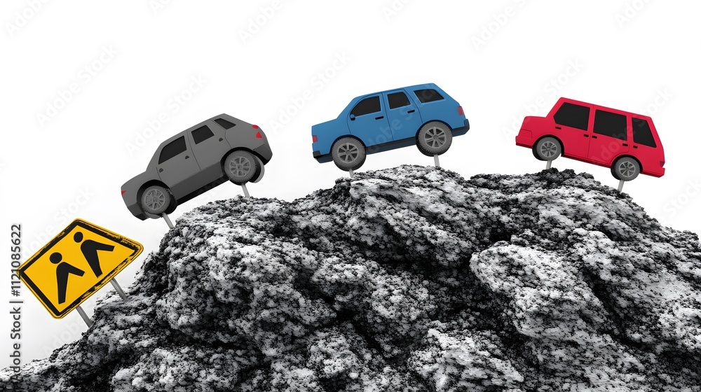 Poster A creative grouping of incline warning signs, depicting vehicles on steep gradients. White background. No shadow