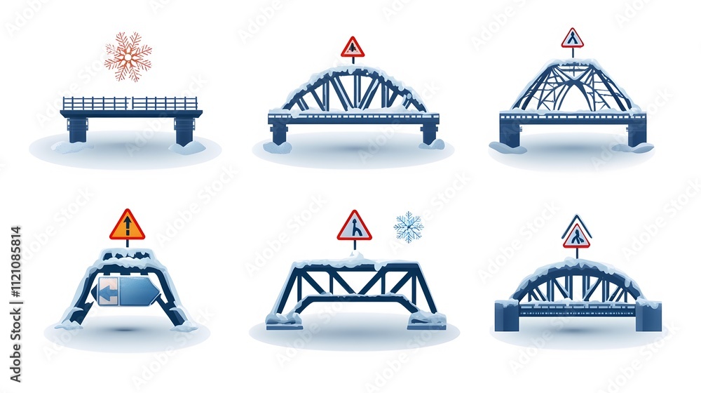 Poster a symbolic collection of bridge ice warning signs with snowflake and bridge icons. white background.