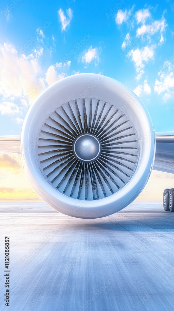 Poster a close-up view of a jet engine against a bright sky, showcasing the intricate design and powerful s