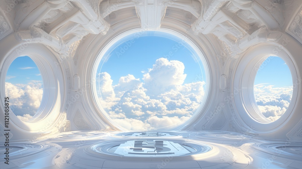 Poster a tranquil, ethereal space featuring circular windows that frame a serene sky filled with clouds, ba