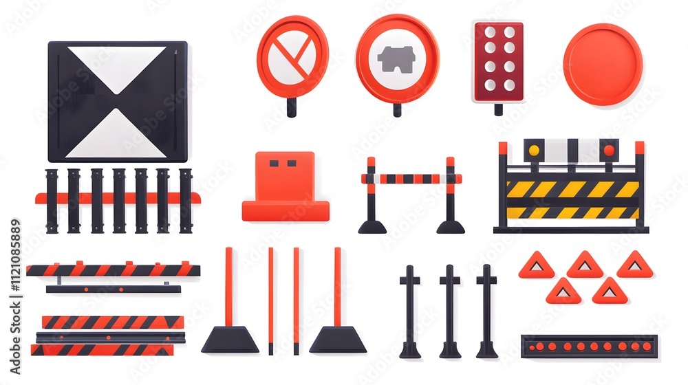 Poster a sleek set of railway crossing ahead signs with train icons and gate warnings. white background. no