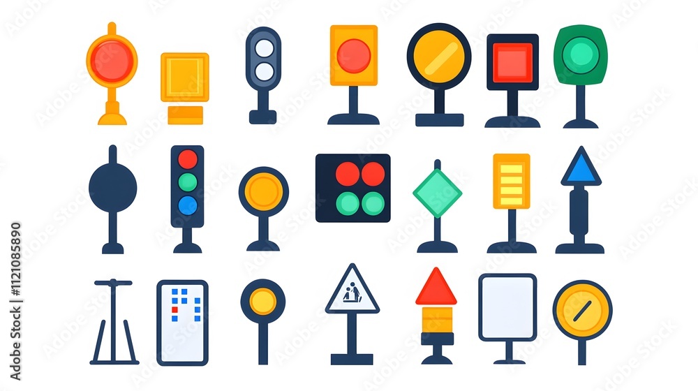 Poster a vibrant layout of traffic light control signs, with signal icons in standard colors. white backgro