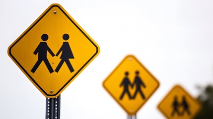 A symbolic grouping of pedestrian caution signs, showing figures crossing near schools. White background. No shadow