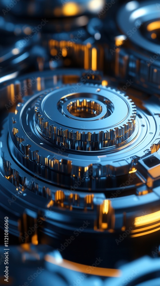 Poster a close-up view of intricate metallic gears with a shiny, illuminated finish, showcasing detailed me