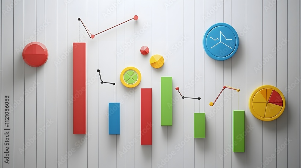 Poster a symbolic grouping of circular progress bars, graph icons, and organizational charts. white backgro